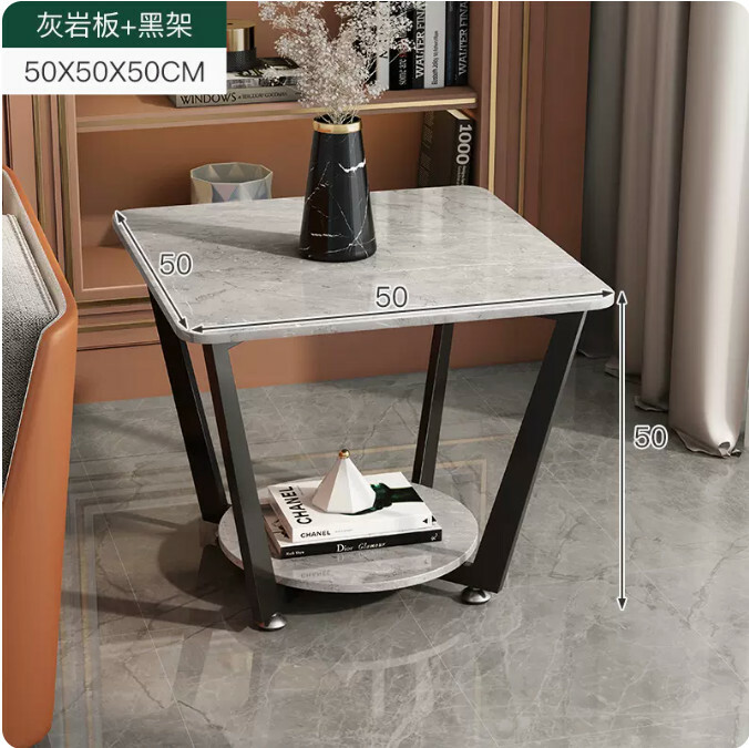Hot selling wrought iron furniture, small round bedside table, coffee table, sofa side table [square rock slab tabletop] black + gray slate 50x50x50cm