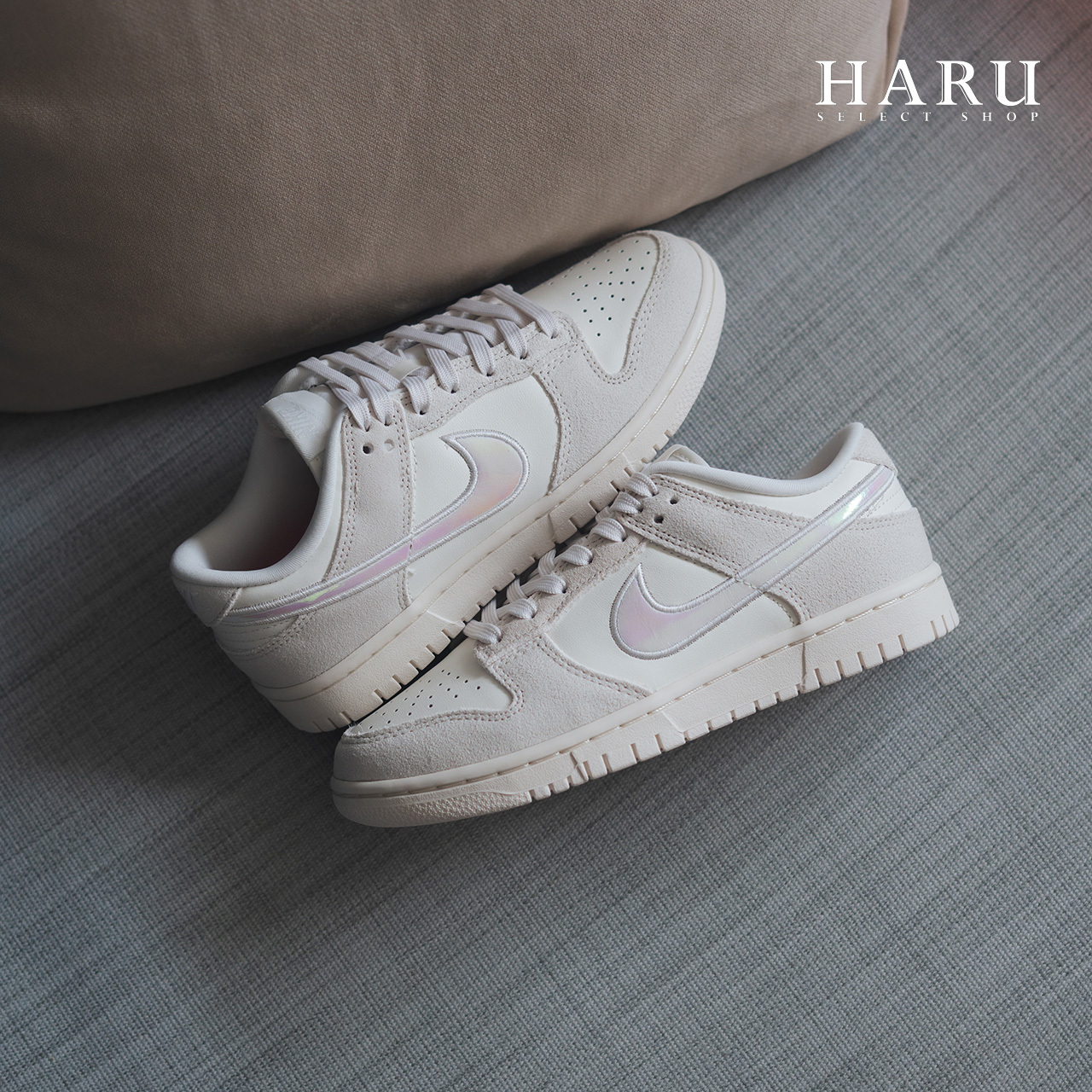 Nike Dunk Low 米白灰 奶白 炫彩勾勾 雷射勾勾 仙杜瑞拉 異材質拼接 絨面 麂皮 皮革 女生復古休閒鞋 HF5074-133