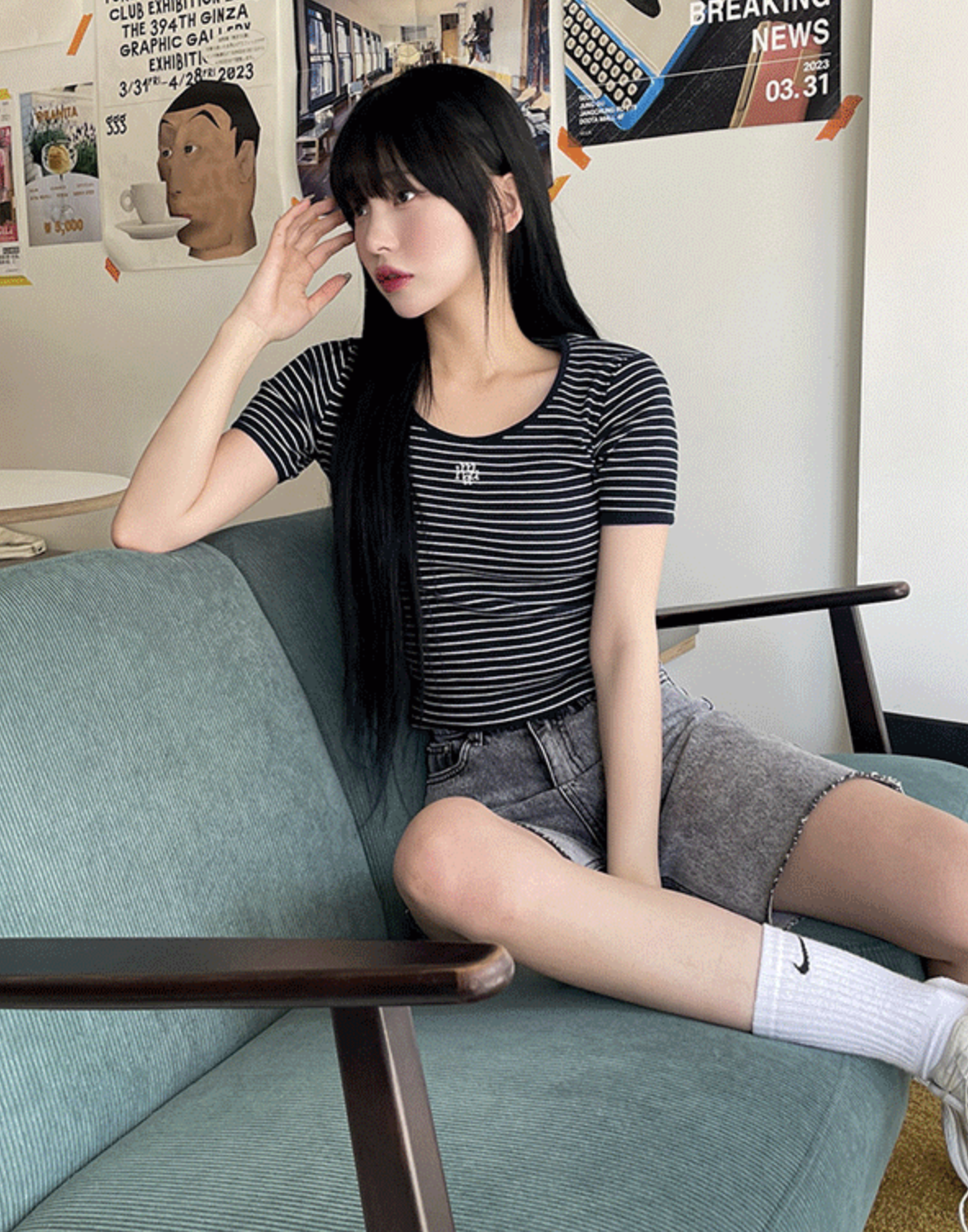 預訂｜MUAHMUAH Logo Stitch Stripe Half T-Shirt (4 COLOR)