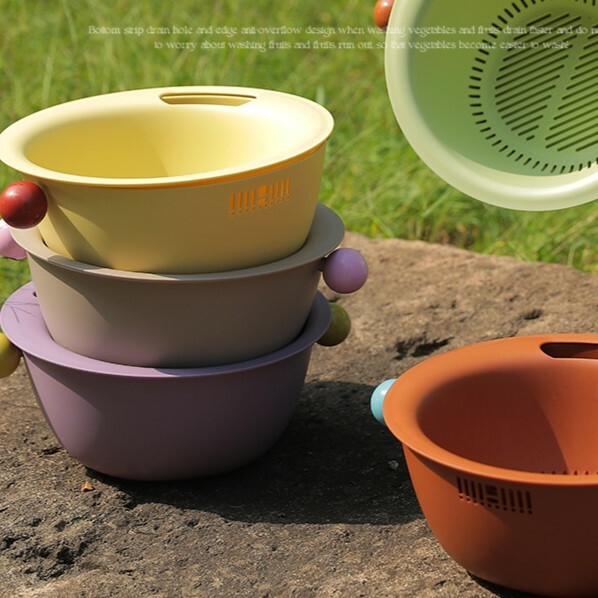 《4249》簡約加厚雙層小圓球把手瀝水籃