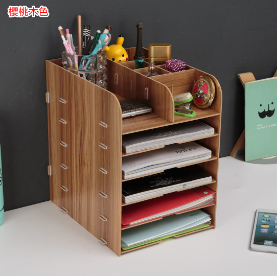 Wooden 6-layer 24cm desk file holder [cherry wood color] 24.5*32*34 cm
