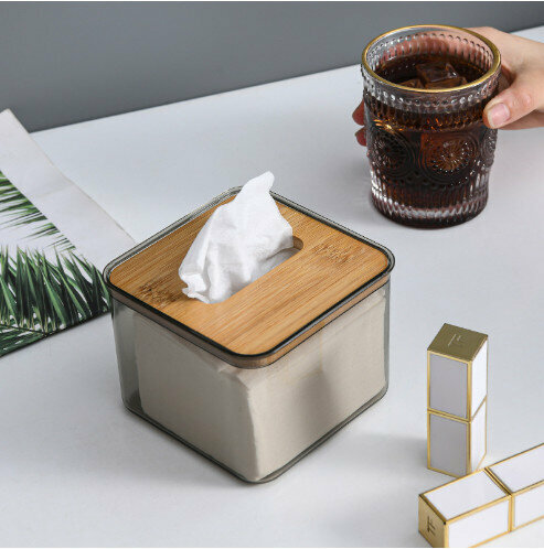 [S Small/11.5*11.5*9cm] (Transparent Gray) Japanese style MUJI-style bamboo tissue box 