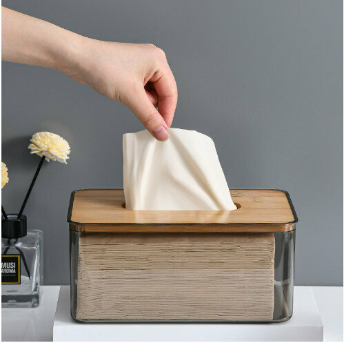 [M medium/18*11.8*10cm] (transparent gray) Japanese-style MUJI-style bamboo and wood tissue box 