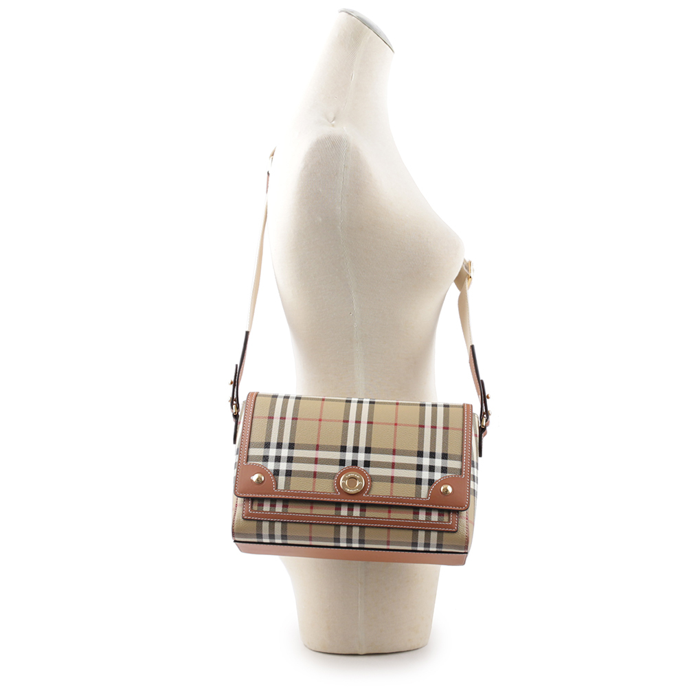 【BURBERRY】Note Vintage 格紋拼皮革翻蓋斜背包(石楠木棕色) 8066226