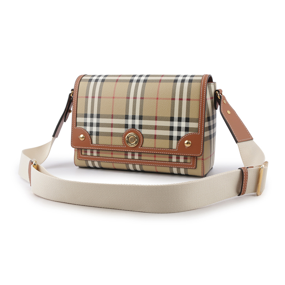 【BURBERRY】Note Vintage 格紋拼皮革翻蓋斜背包(石楠木棕色) 8066226