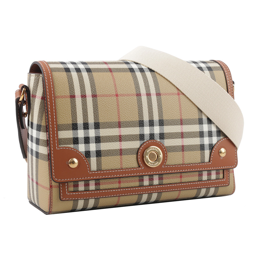 【BURBERRY】Note Vintage 格紋拼皮革翻蓋斜背包(石楠木棕色) 8066226