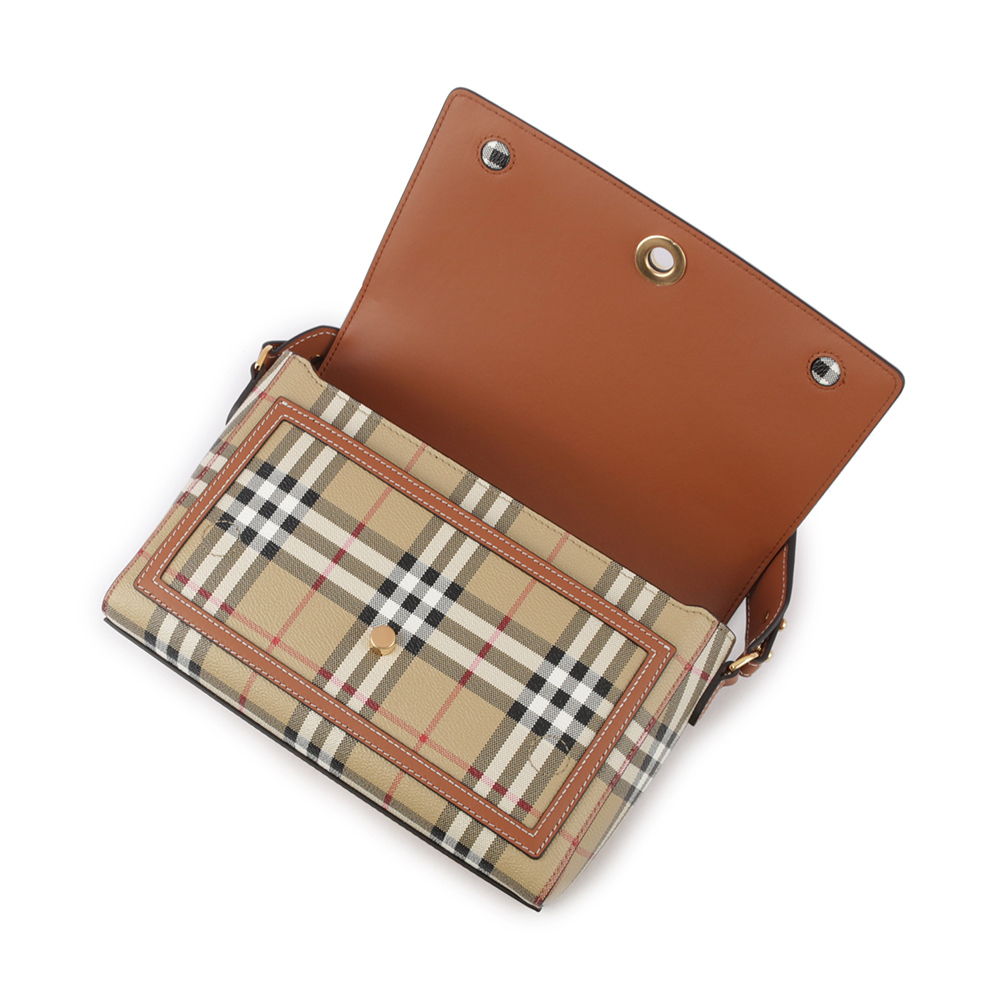 【BURBERRY】Note Vintage 格紋拼皮革翻蓋斜背包(石楠木棕色) 8066226