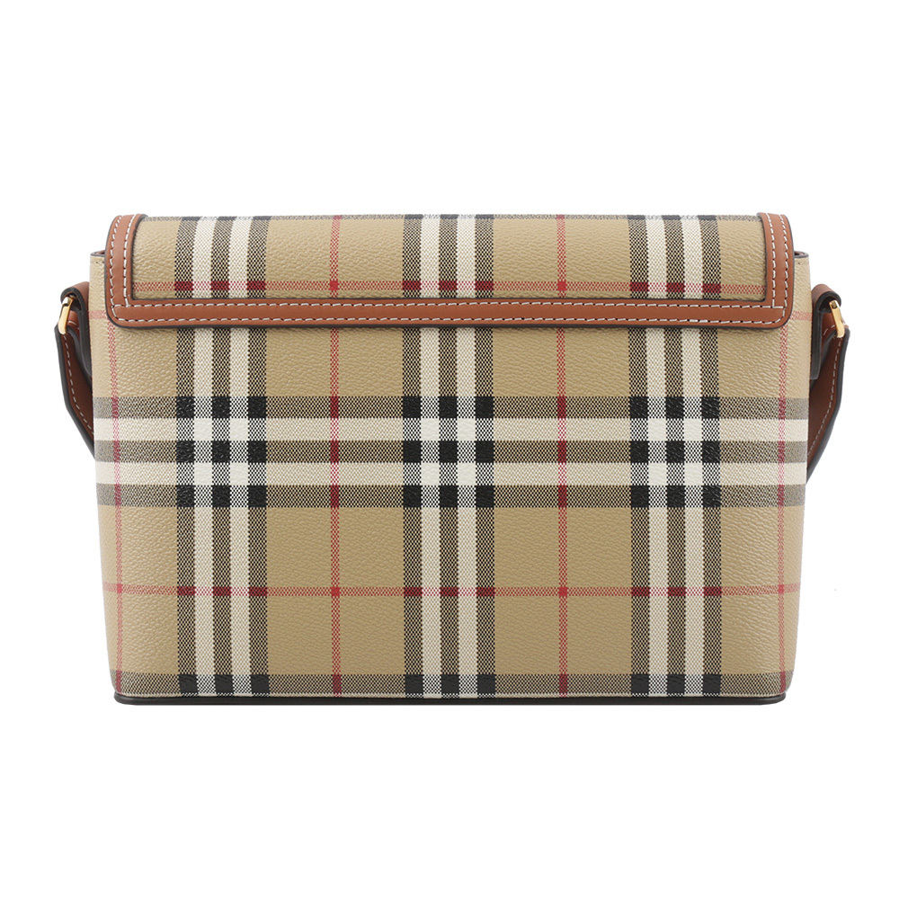 【BURBERRY】Note Vintage 格紋拼皮革翻蓋斜背包(石楠木棕色) 8066226