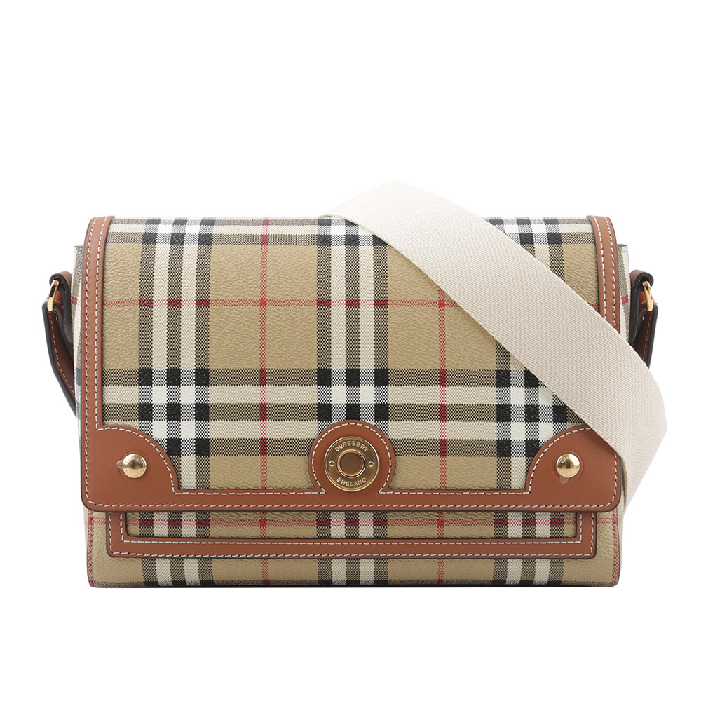 【BURBERRY】Note Vintage 格紋拼皮革翻蓋斜背包(石楠木棕色) 8066226