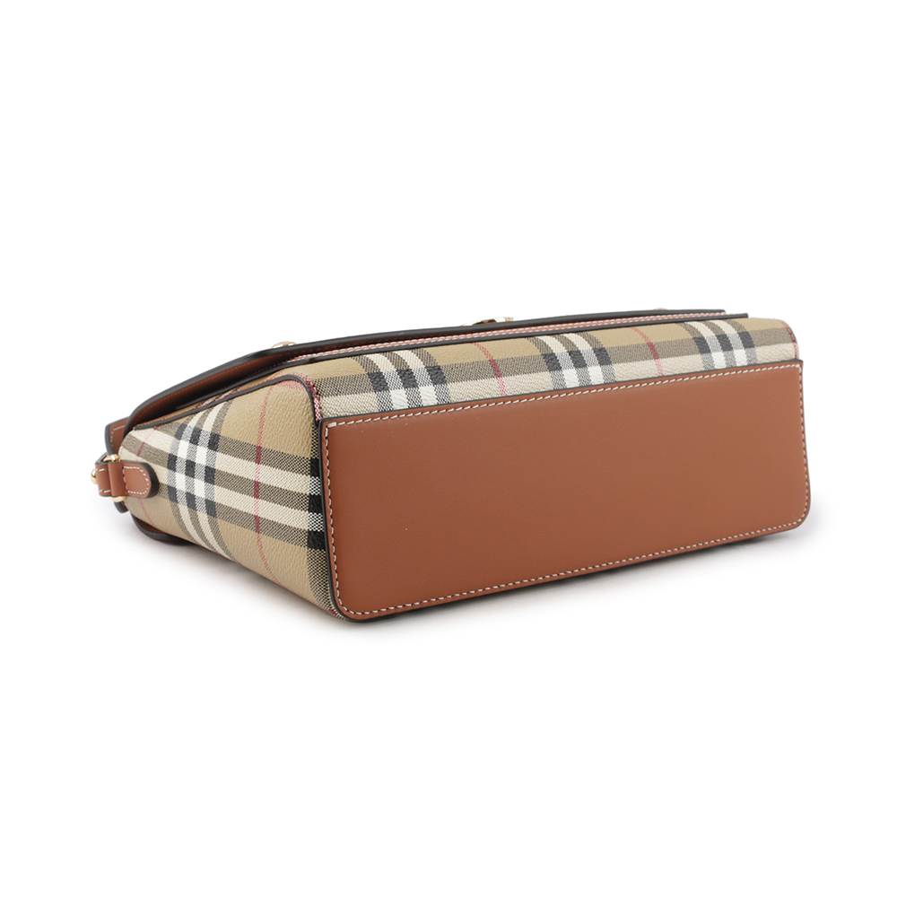 【BURBERRY】Note Vintage 格紋拼皮革翻蓋斜背包(石楠木棕色) 8066226