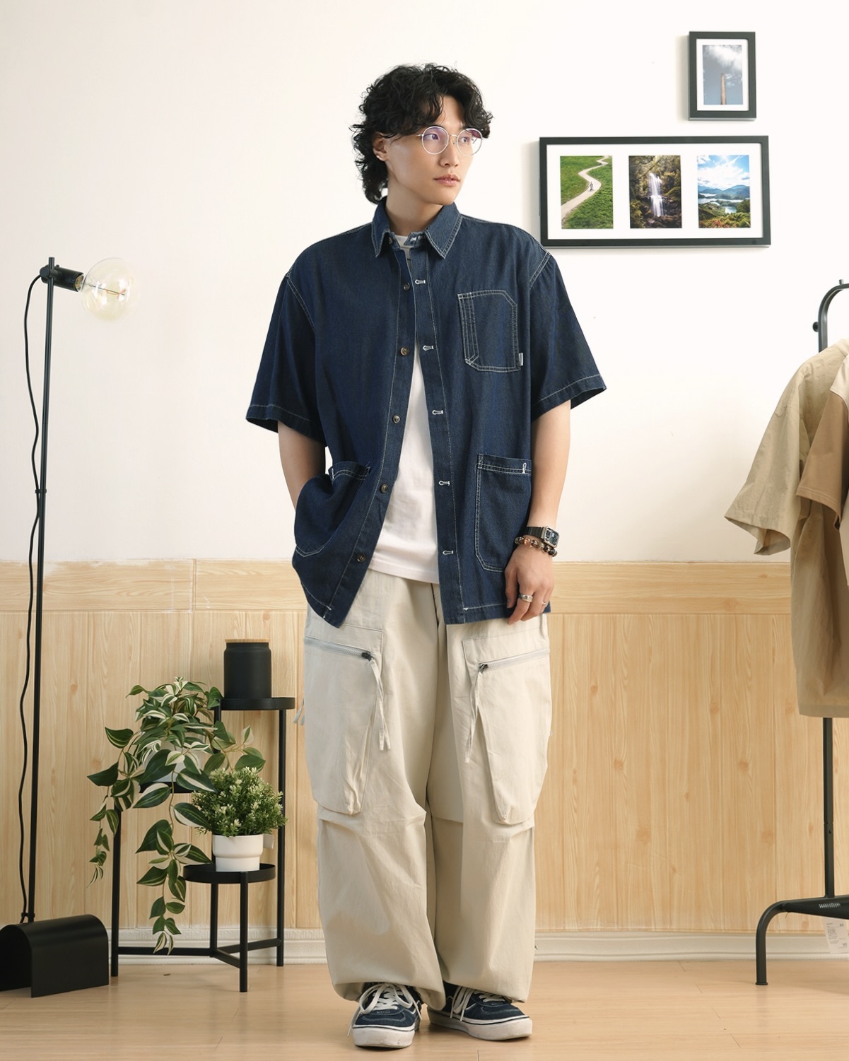 MG051 多口袋反車縫牛仔襯衫