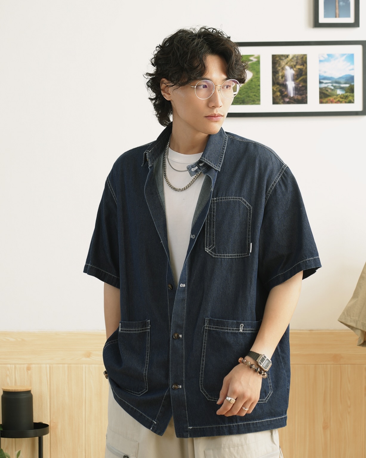 MG051 多口袋反車縫牛仔襯衫