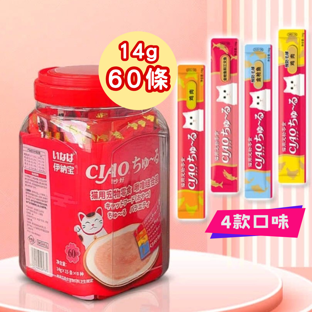 Ciao 貓用零食 - 4款口味組合 (桶裝60條x 14g)