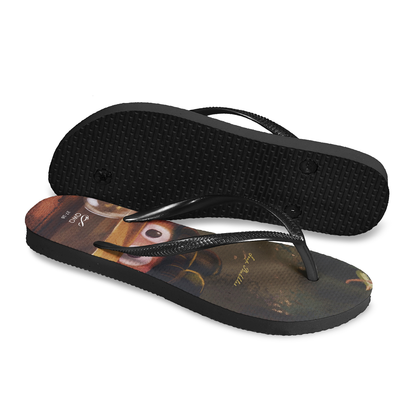 小鼠手札 小鼠名畫 女款細帶人字夾腳拖鞋 曜石黑