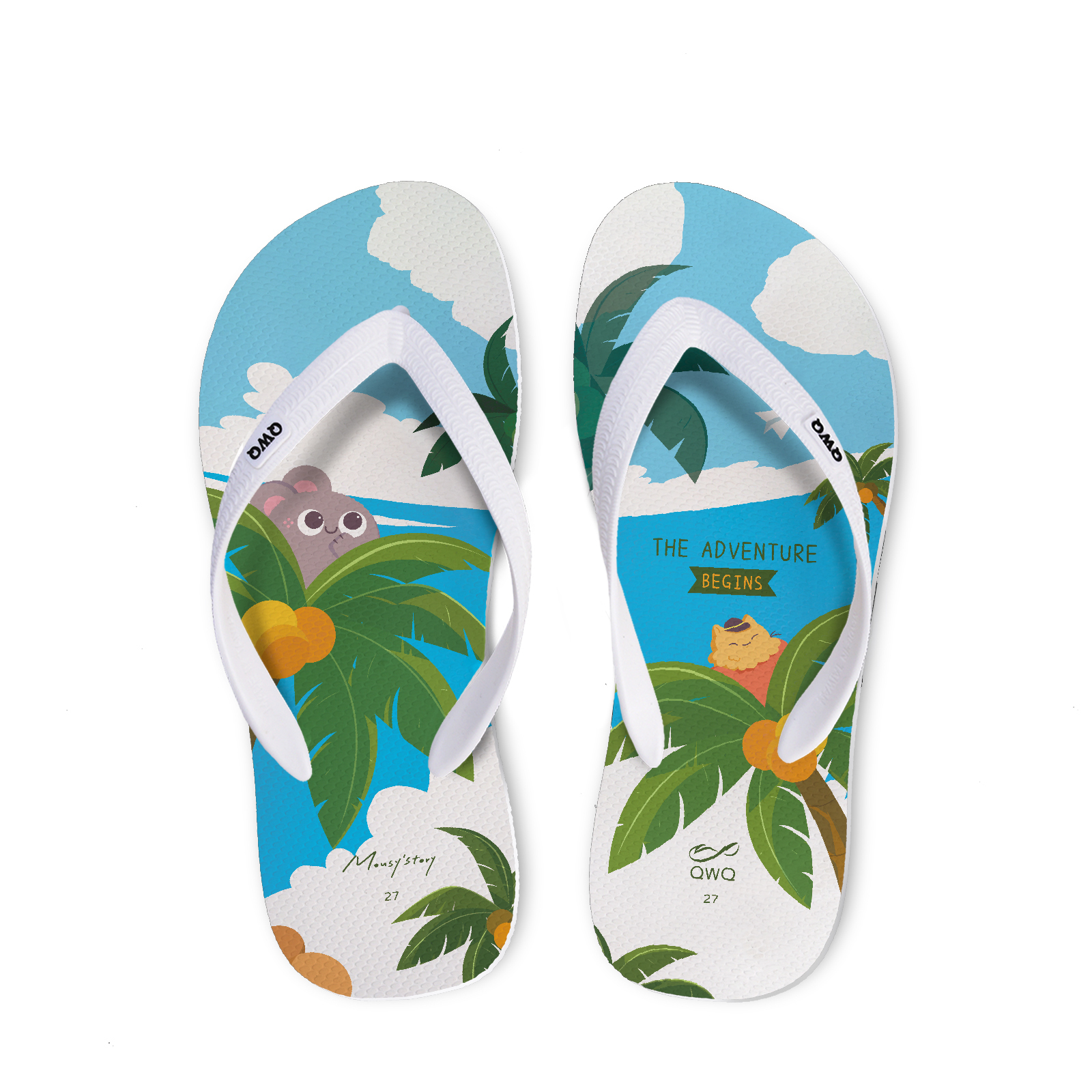 小鼠手札 椰樹 男款粗帶人字夾腳拖鞋 牛奶白