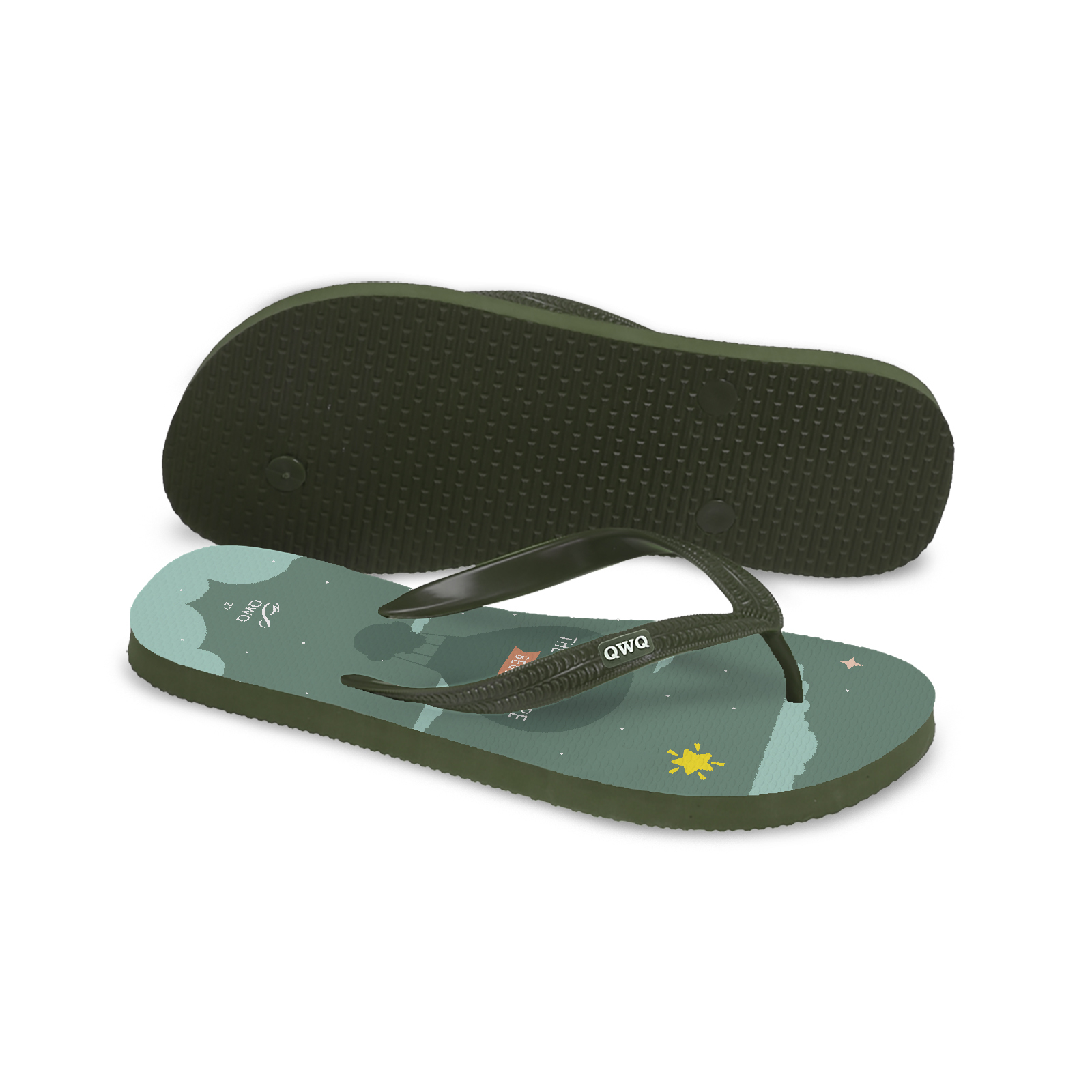 小鼠手札 熱氣球 男款粗帶人字夾腳拖鞋 夜幕綠