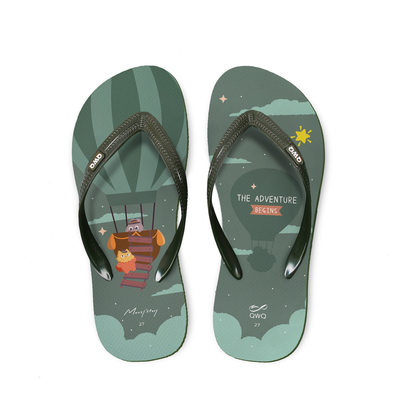 小鼠手札 熱氣球 男款粗帶人字夾腳拖鞋 夜幕綠