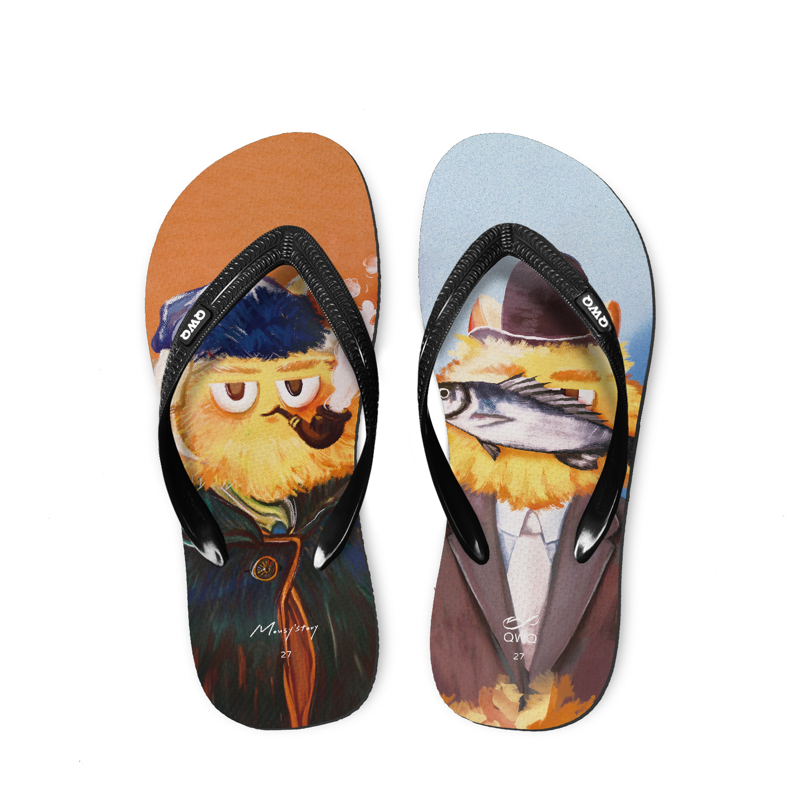 小鼠手札 小鼠名畫 男款粗帶人字夾腳拖鞋 曜石黑