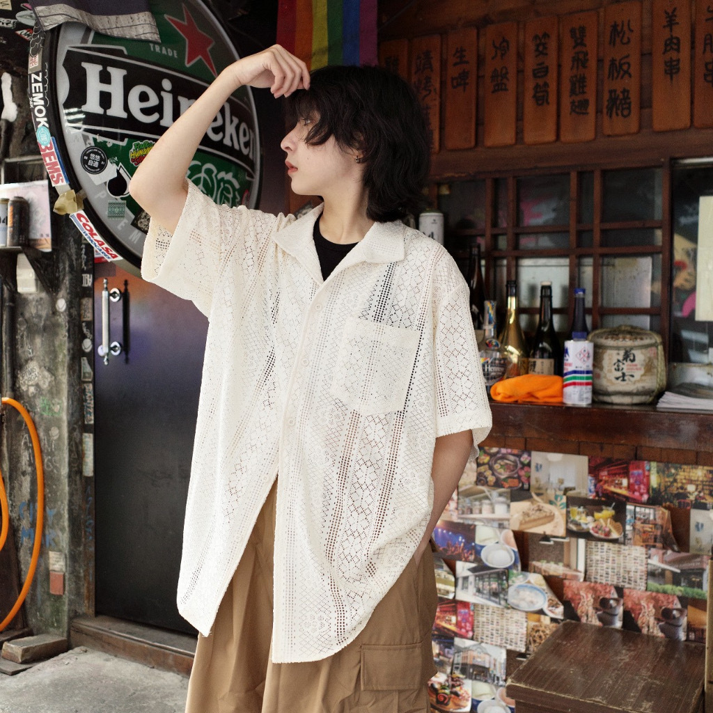 『Always_Good』復古 縷空 蕾絲 透氣 古巴領 襯衫