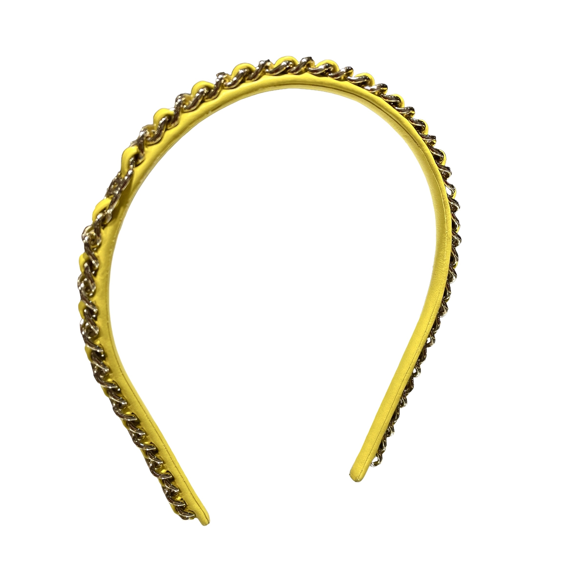全新CHANEL髮箍 AB8582 鮮黃色小羊皮綴金屬鏈條 雙C Logo #BRAND NEW #香榭站正品