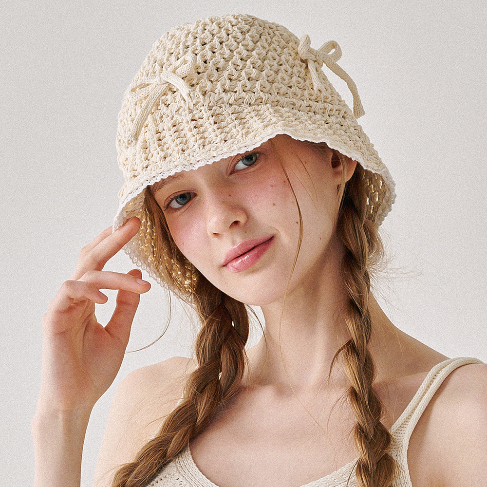RONRON RIBBON SUMMER KNIT BUCKET HAT IVORY
