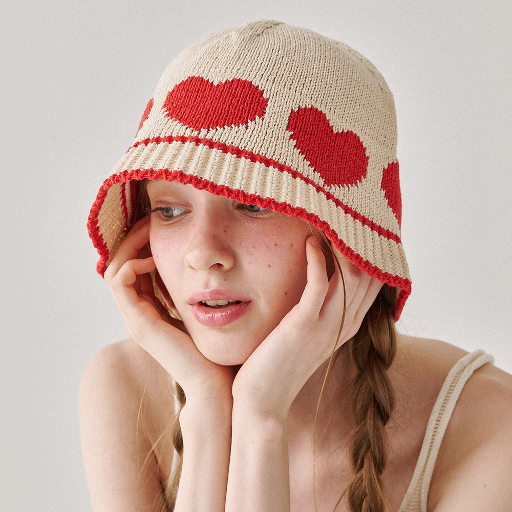 RONRON HEART SUMMER KNIT BUCKET HAT BEIGE