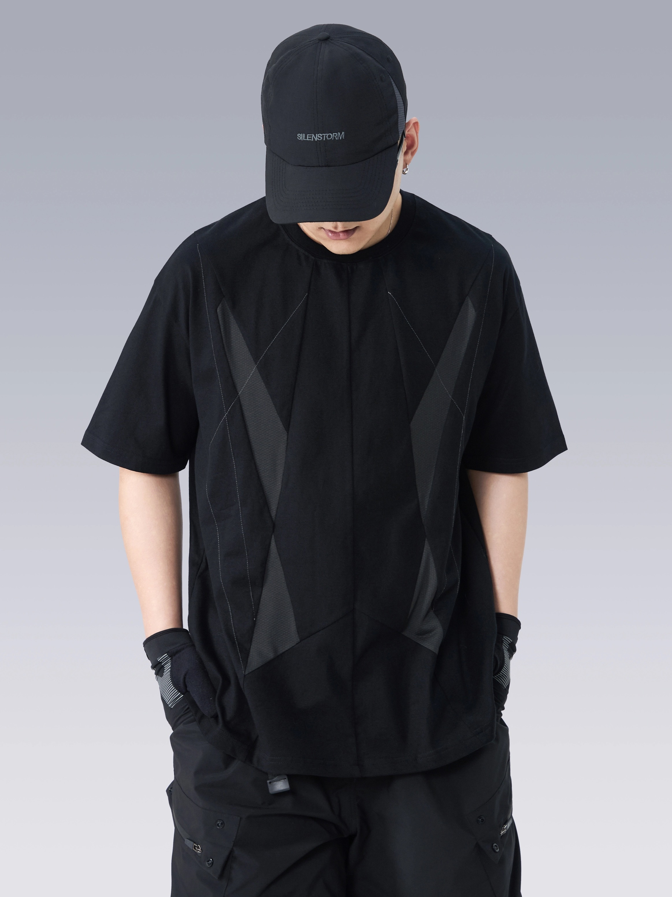 SILENSTORM 切片分割上衣網眼拼接寬鬆圓領短袖