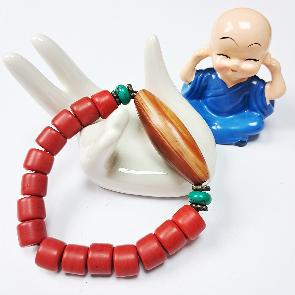 紅玉髓天珠&火山琉璃手珠7*9mm【十方】126104