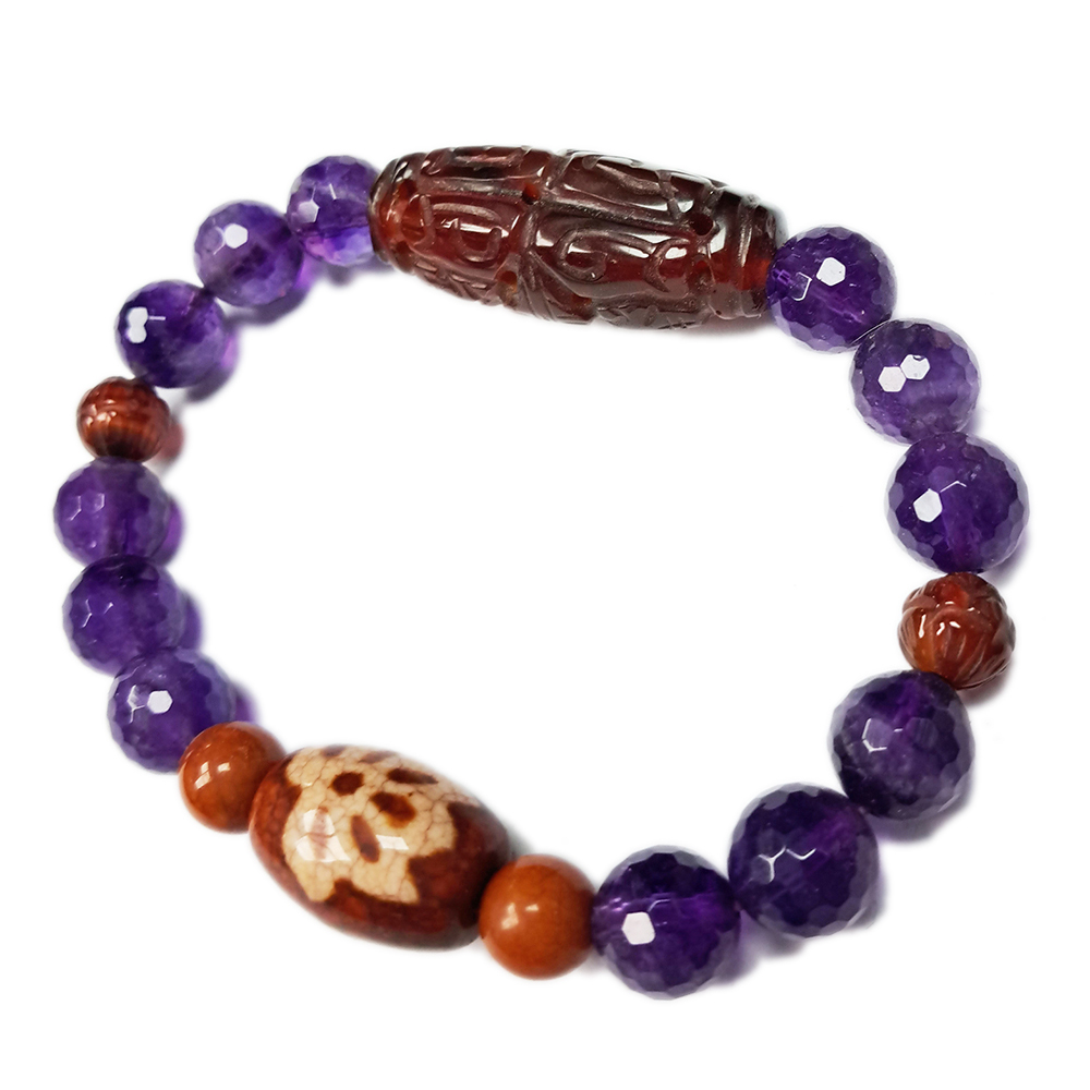 蓮花龍紋天珠&紅玉髓&紫晶手珠10mm【十方】128224