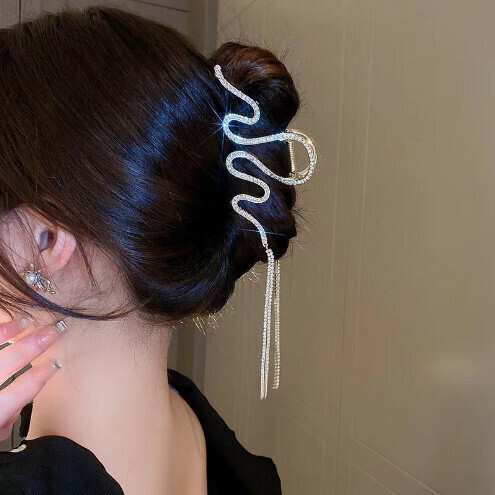 S-shaped wavy tassel chain hair grab hairpin【F51 silver wave】 