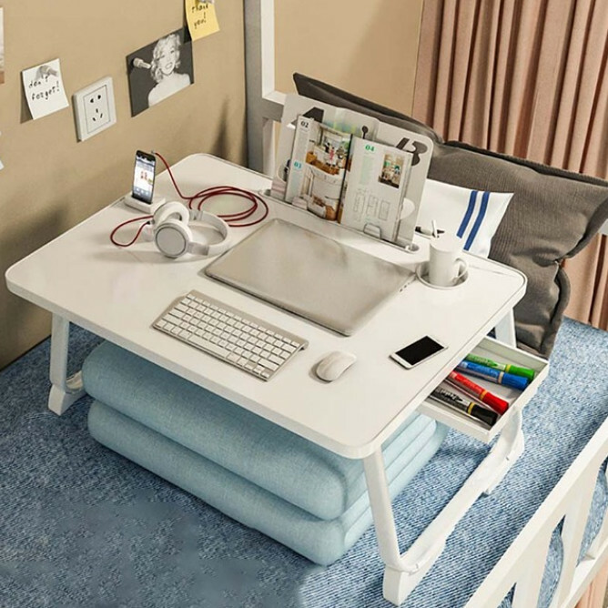 Popular folding computer table, bed table, desk, study table, simple card slot bookshelf (pearl white)