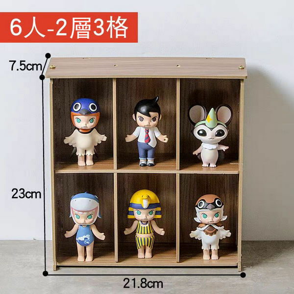 Desktop storage model display shelf (can put 6 people, 2 layers of 3 grid acrylic single door, walnut color)