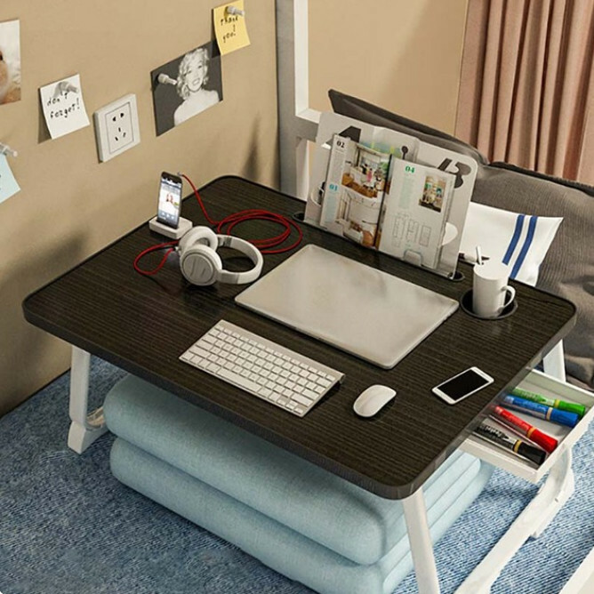 Popular folding computer table, bed table, desk, study table, simple card slot bookshelf (black)