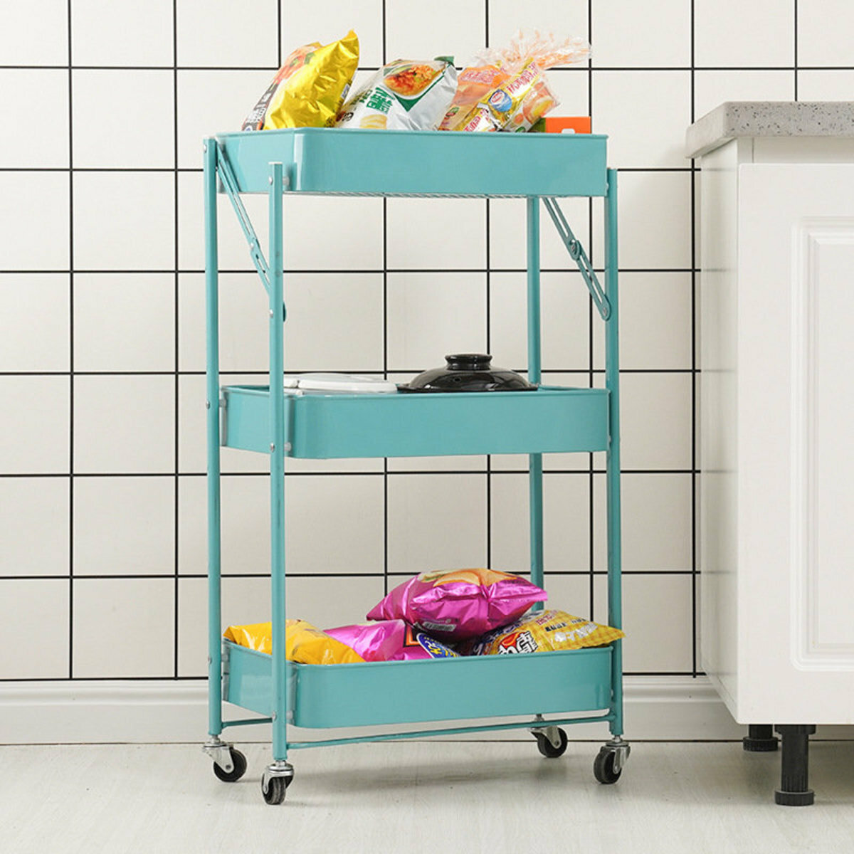 With wheels Three-tier foldable kitchen storage shelves Kitchen trolley Outdoor storage trolley Garden barbecue Trolley Multi-layer storage Storage Shelf installation-free folding mobile storage trolley (blue) 