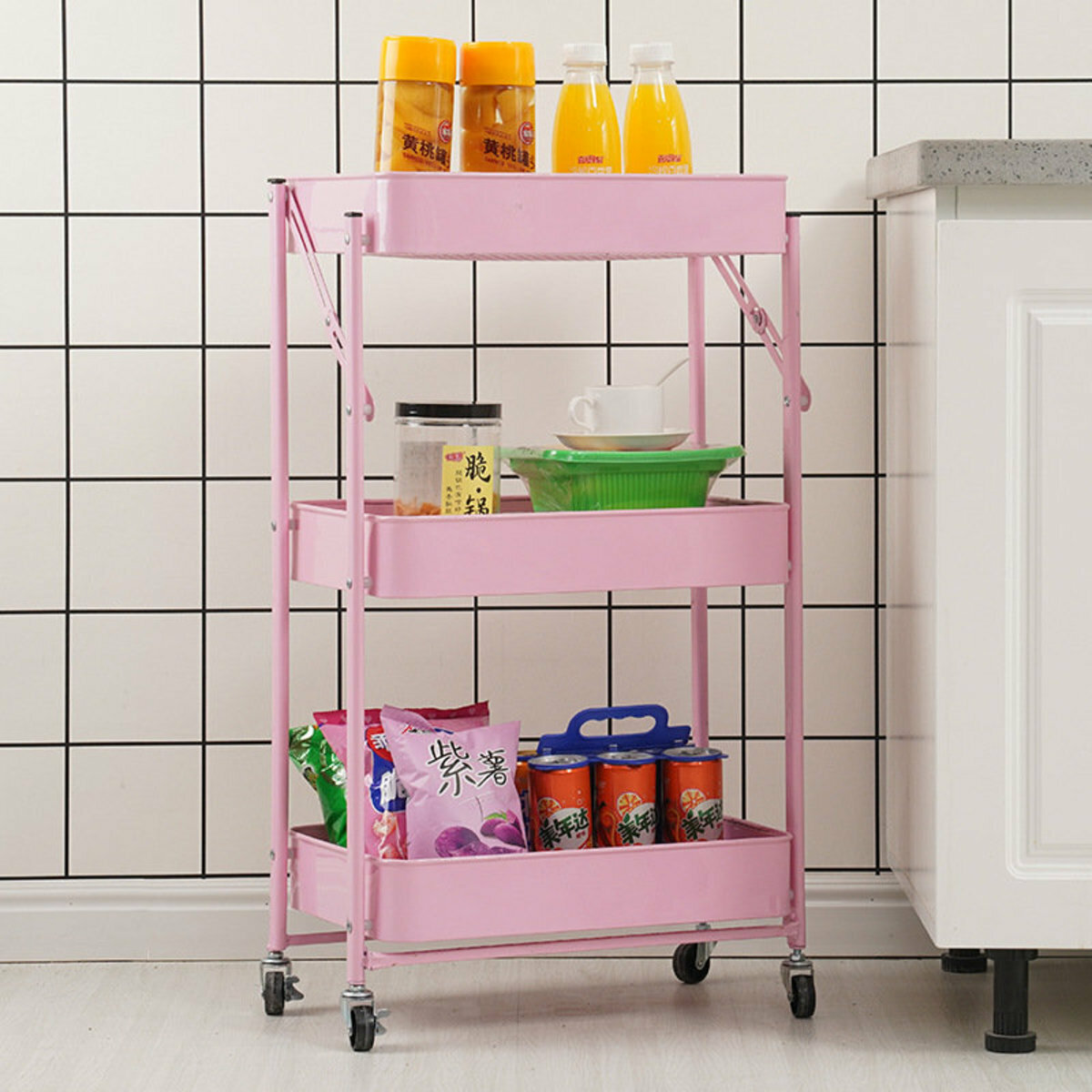 With wheels Three-tier foldable kitchen storage rack Kitchen trolley Outdoor storage trolley Garden barbecue Trolley Multi-layer storage Storage Shelf installation-free folding mobile storage trolley (pink)