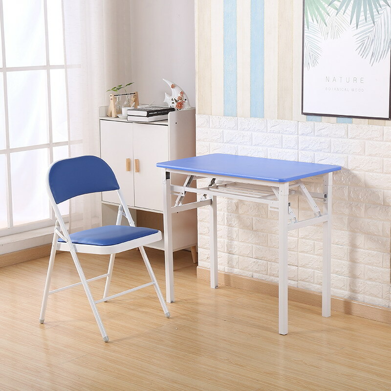 New folding table, computer table, dressing table, children's study table (combination) 1 table 80x50cm + 1 chair (blue + double layer)