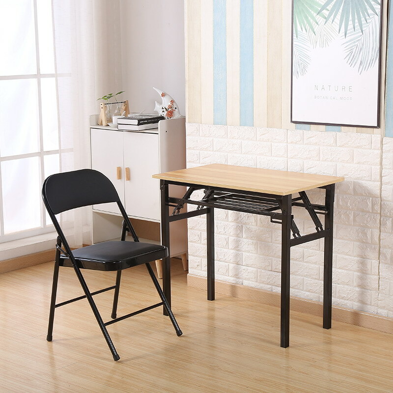 New folding table, computer table, dressing table, children's study table (combination) 1 table 100x50cm + 1 chair (yellow pattern + black chair + double layer)