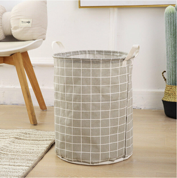 Cotton and linen folding storage basket - round bucket laundry basket Dirty laundry basket Dirty laundry basket [gray lattice] 