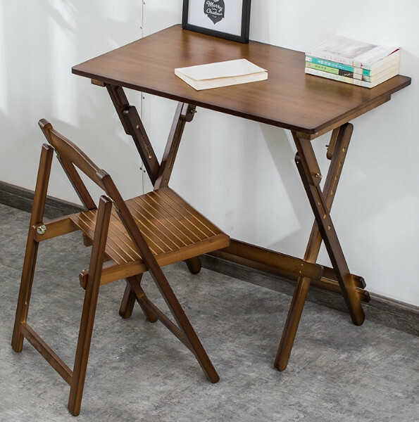 New bamboo solid wood furniture computer desk dressing table study table (combination) [1 table + 1 folding chair] 70x40cm rectangular walnut color