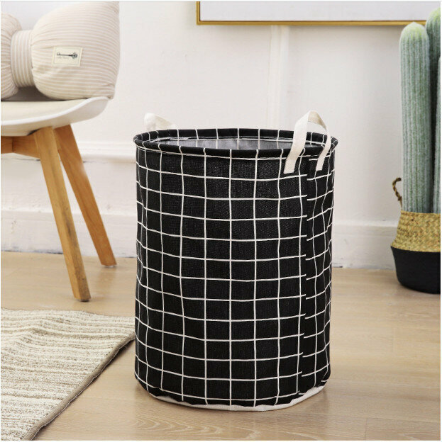 Cotton and linen folding storage basket - Drum laundry basket Dirty laundry basket Dirty laundry basket [black checkered]