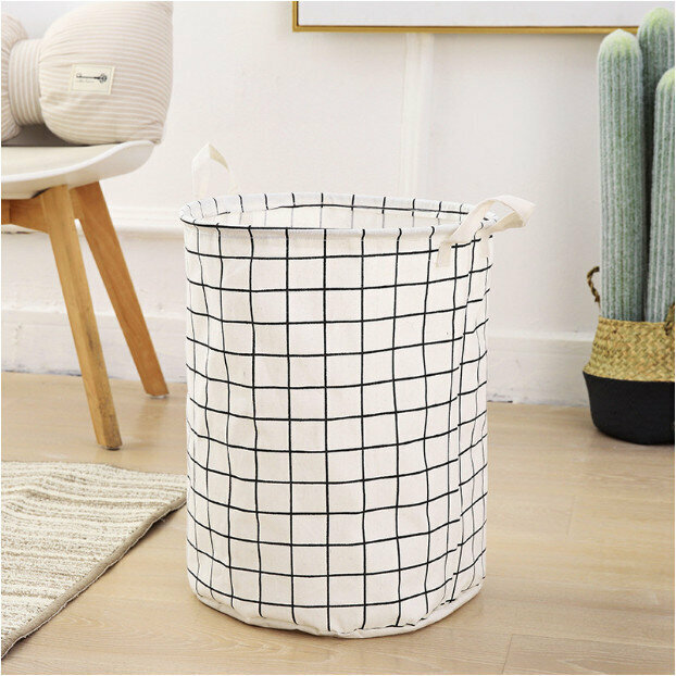 Cotton and linen folding basket - Drum laundry basket Dirty laundry basket Dirty laundry basket [white lattice]