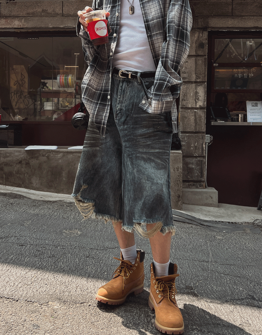 精油水洗破洞7分牛仔短褲