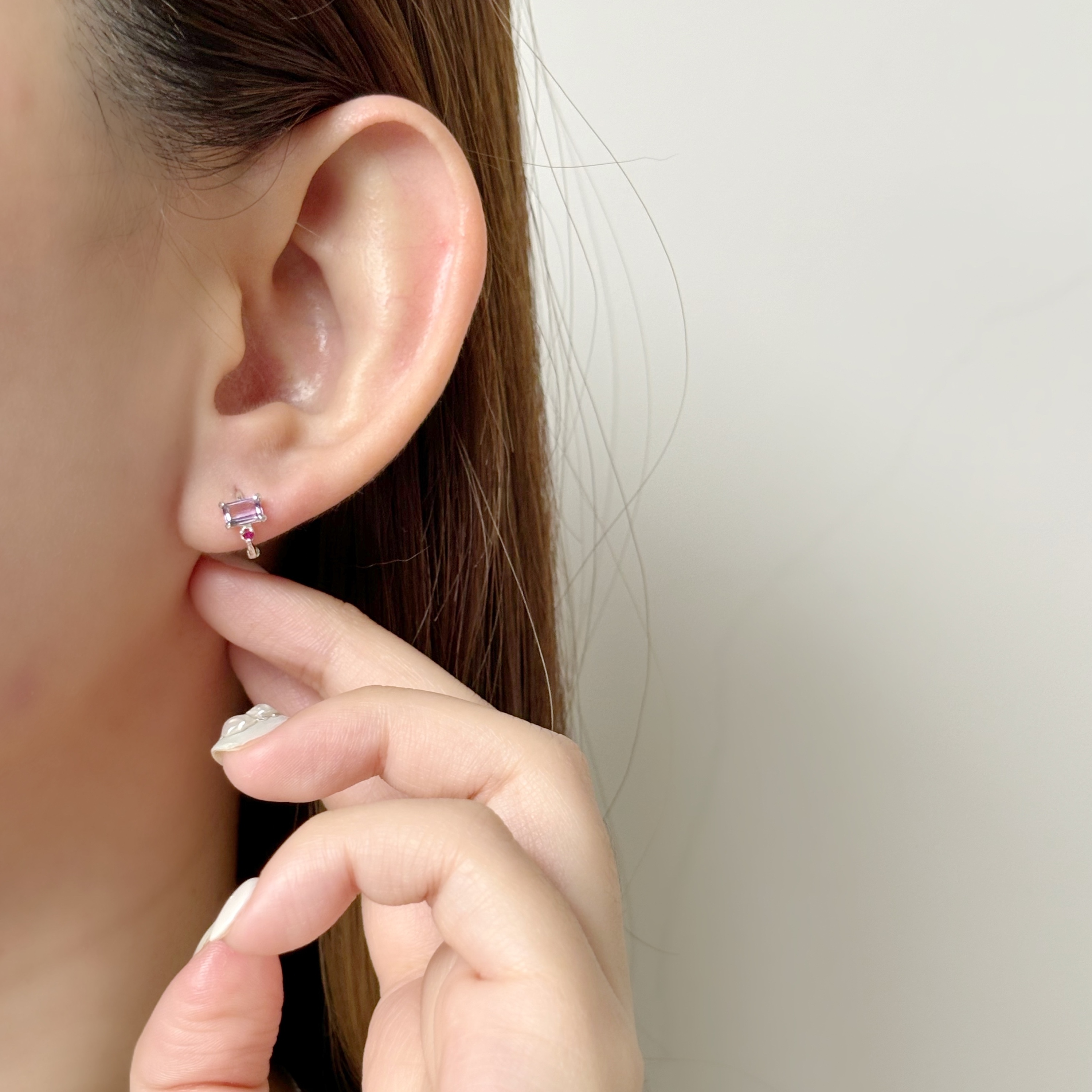 細方紫水晶紅寶石小耳圈