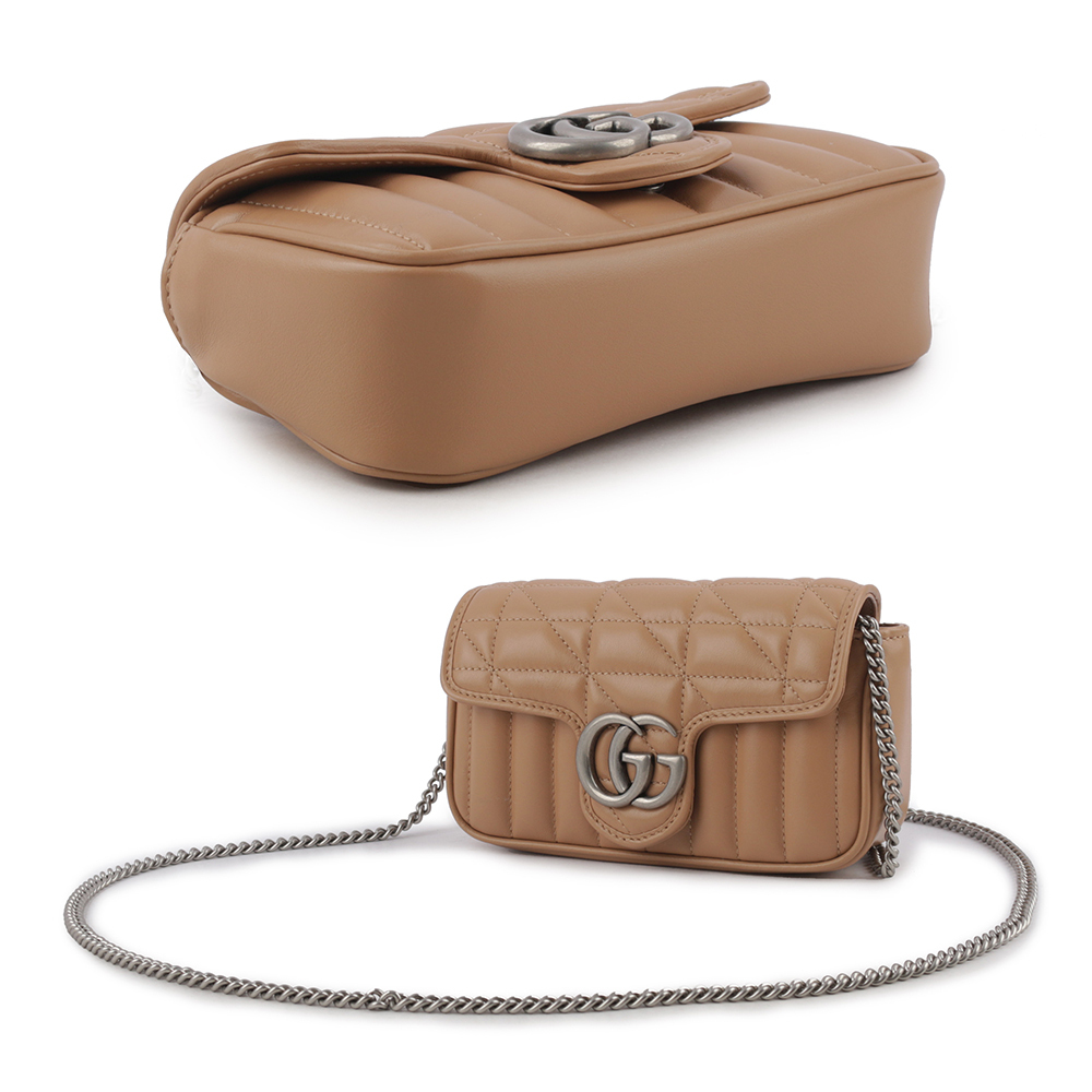 【GUCCI】GG Marmont 交叉縫線皮革翻蓋肩背/斜背鏈包(mini款)(裸粉色) 476433 DTD5N 2754