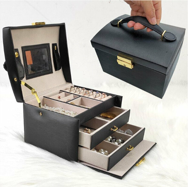 Three-tier Double Drawer Jewelry Box Jewelry Desk Storage Box - Black (18*14*13cm)