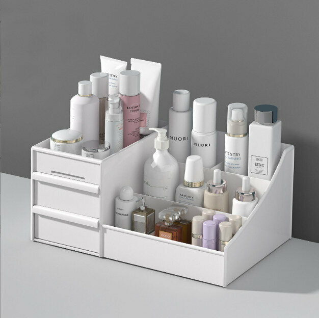 Dustproof cosmetics storage box, shelf, desktop storage box(white 28.5*17.5*12.5CM)