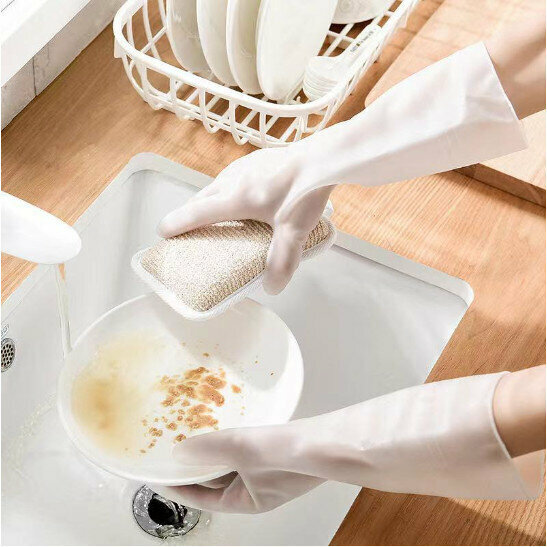 [1 Pair] Durable High Toughness Household Gloves/Dishwashing Rubber Gloves (Pure White/Large Size)