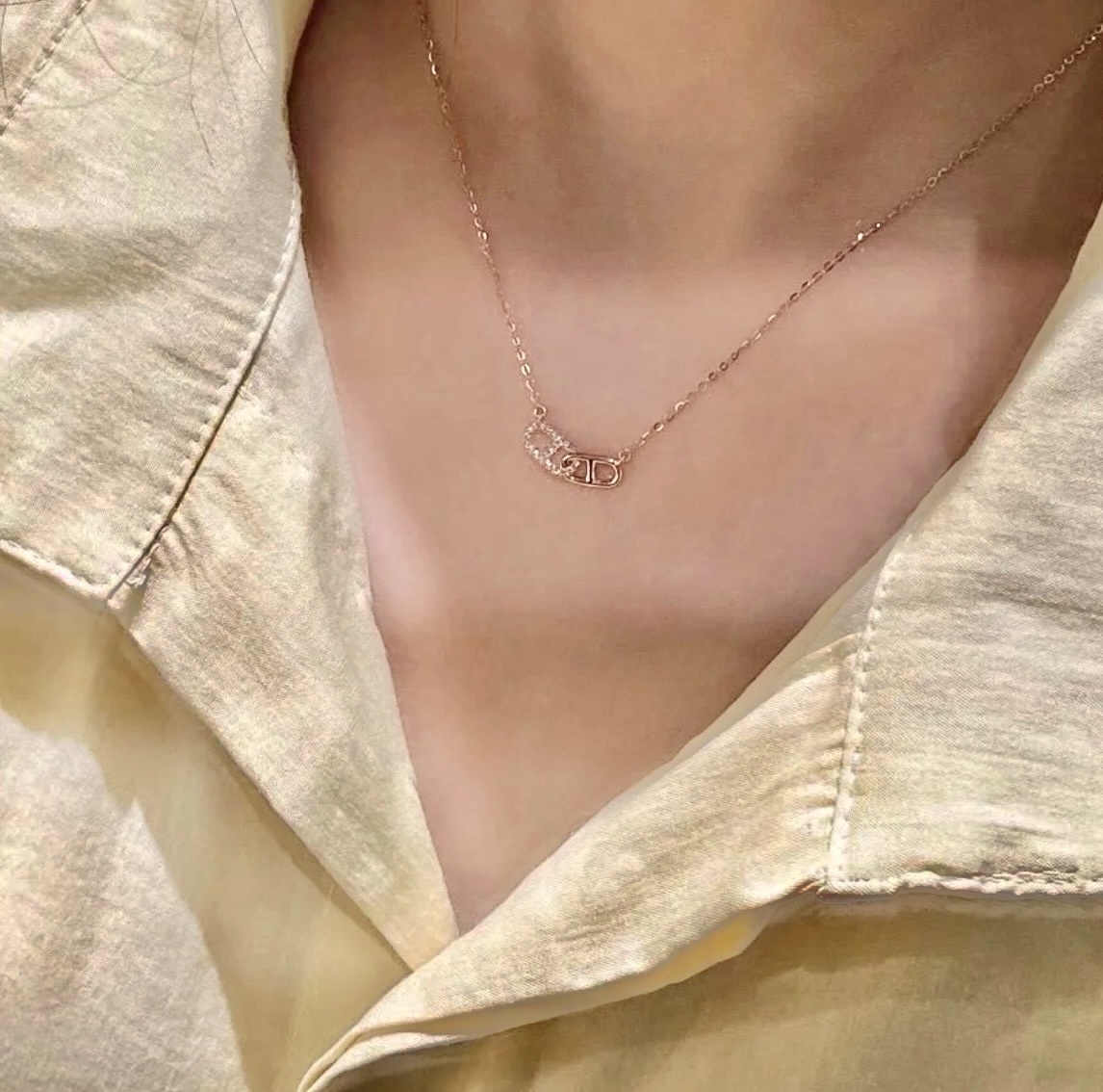 s925 18k豬鼻雙環相扣鑽墜高奢定製項鍊