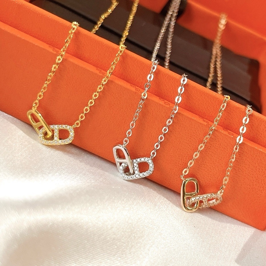 s925 18k豬鼻雙環相扣鑽墜高奢定製項鍊