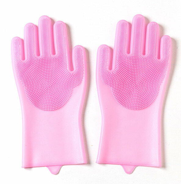 Silicone gloves Cleaning gloves Double-sided interchangeable (pink) (suitable for thin palms/women)